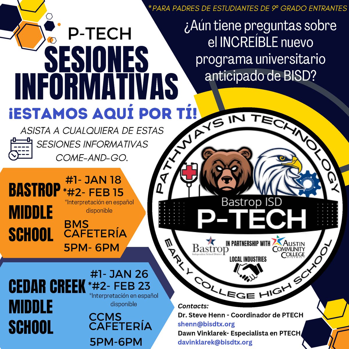 Parents of incoming 9th graders -  this is for you!

Do you still have questions about BISD's new early college program?

Join us for a P-TECH information session. 

📍BMS Cafeteria
📆 Feb 15
🕔 5 - 6 pm

📍CCMS Cafeteria
📆 Feb 23
🕔 5 - 6 pm