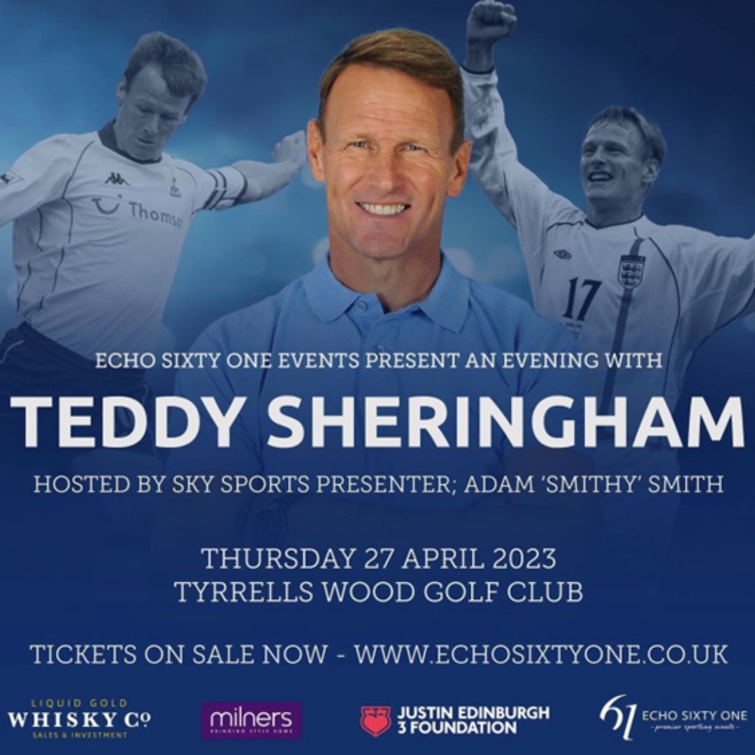 Tyrrells Wood Golf Club (@tyrrellswoodgc) on Twitter photo We’re delighted to announce ‘An Evening with <a href="/TSheringhamMBE/">Teddy Sheringham</a>’ ⚽️
Get your tickets via the <a href="/echosixtyone/">Echo Sixty One</a> website.
👉 bit.ly/3GilD8S
#twcg #echosixtyone #teddysheringham #getyourtickets We’re delighted to announce ‘An Evening with <a href="/TSheringhamMBE/">Teddy Sheringham</a>’ ⚽️
Get your tickets via the <a href="/echosixtyone/">Echo Sixty One</a> website.
👉 bit.ly/3GilD8S
#twcg #echosixtyone #teddysheringham #getyourtickets