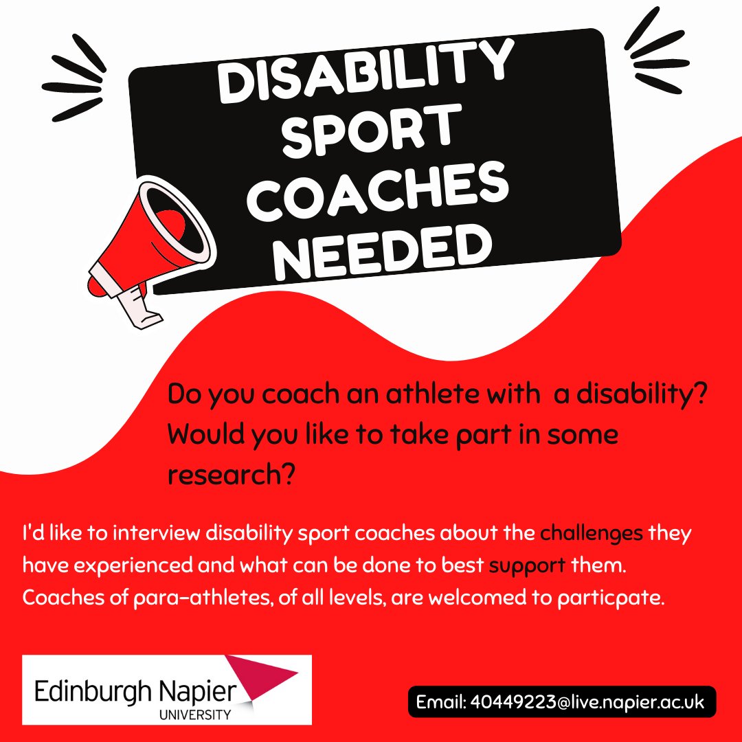 📢COACHES NEEDED📢 I'm looking for participants for my dissertation to share their experiences on disability sport coaching. If you are interested, please view the poster for more details and contact the email given below. #disabilitysport #coaching #paralympics #sportscoaching