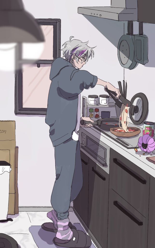1boy cooking male focus frying pan slippers kitchen streaked hair  illustration images