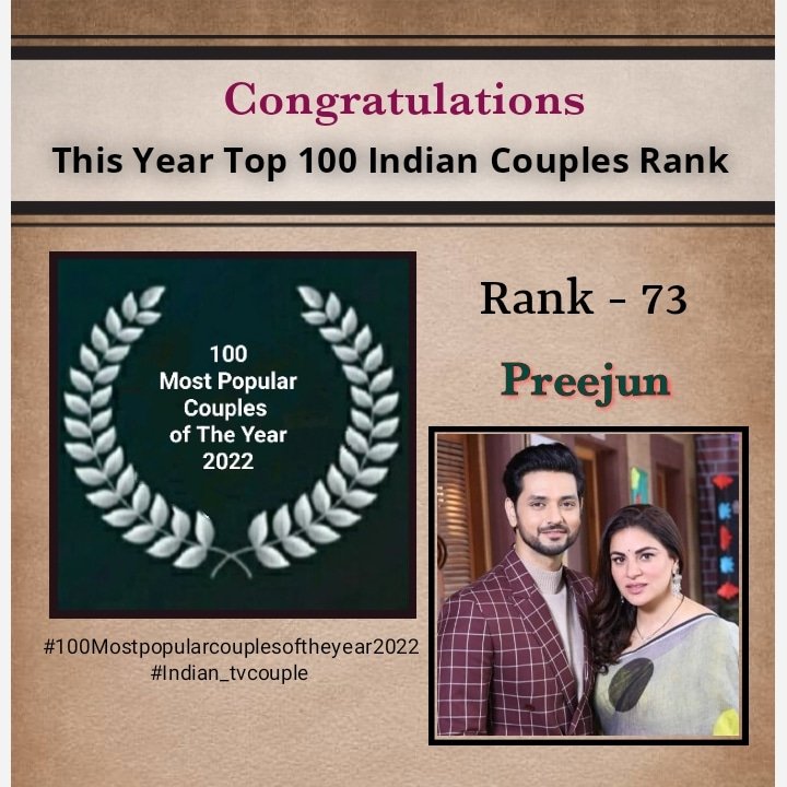 Congratulations 🎉❣️😍 

Rank - 73 ⭐ 

❣️ Preejun ❣️

100 MOST POPULAR COUPLES OF THE YEAR 2022 

#100mostpopularcouplesoftheyear2022 
#indian_tvcouple 

#preejun #Preejunforever 
#arjunSuryavanshi #preetaluthra  #shakhiarora #shraddhaarya #kundalibhagya 

@shaktiarora