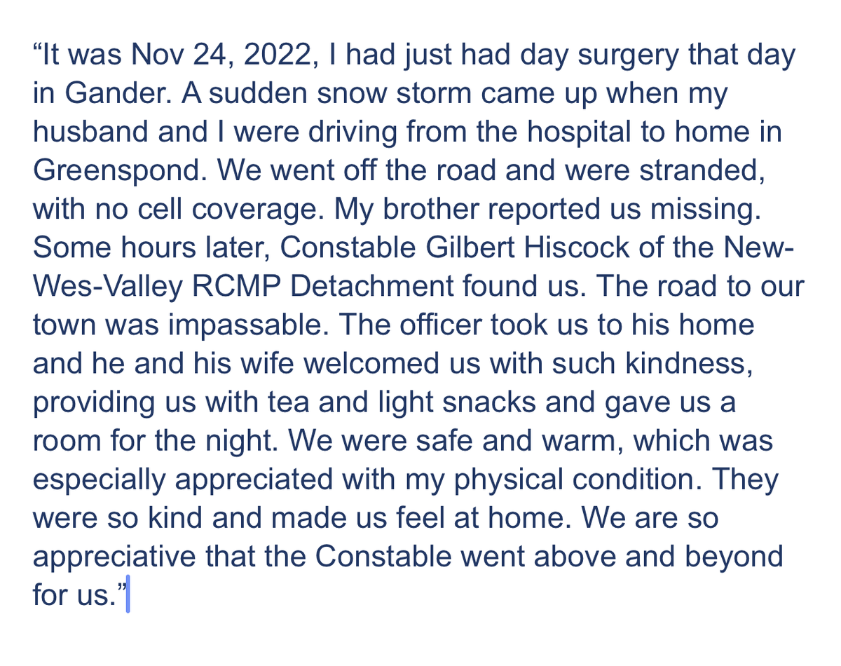 Kudos to Cst. Gilbert Hiscock for going above and beyond for grateful residents of Greenspond. In December, the note below was received by the RCMP. Cst Hiscock was recognized with the Commissioner’s Challenge Coin, presented by the #RCMPNL Commanding Officer. #InYourCommunity