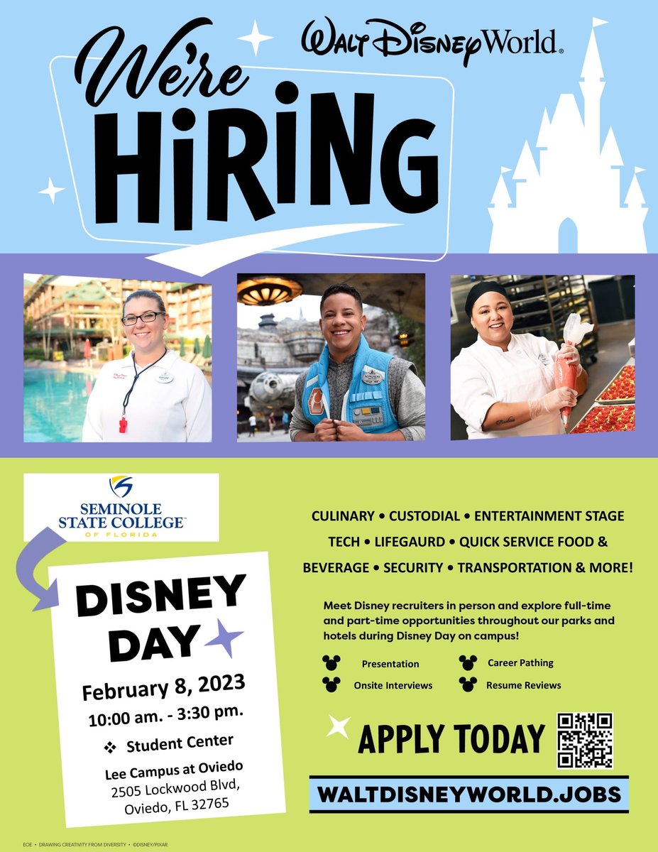 sscfinearts's tweet photo. Raiders, do you want to work for  Disney World?  Here's your chance to meet the recruiters from Disney.  At Oviedo campus on February 8 - 10 am - 3:30 pm., hiring in culinary, custodial, entertainment stage, tech, quick service food &amp; beverage, security, transportation and more! https://t.co/LcWKzsYmec