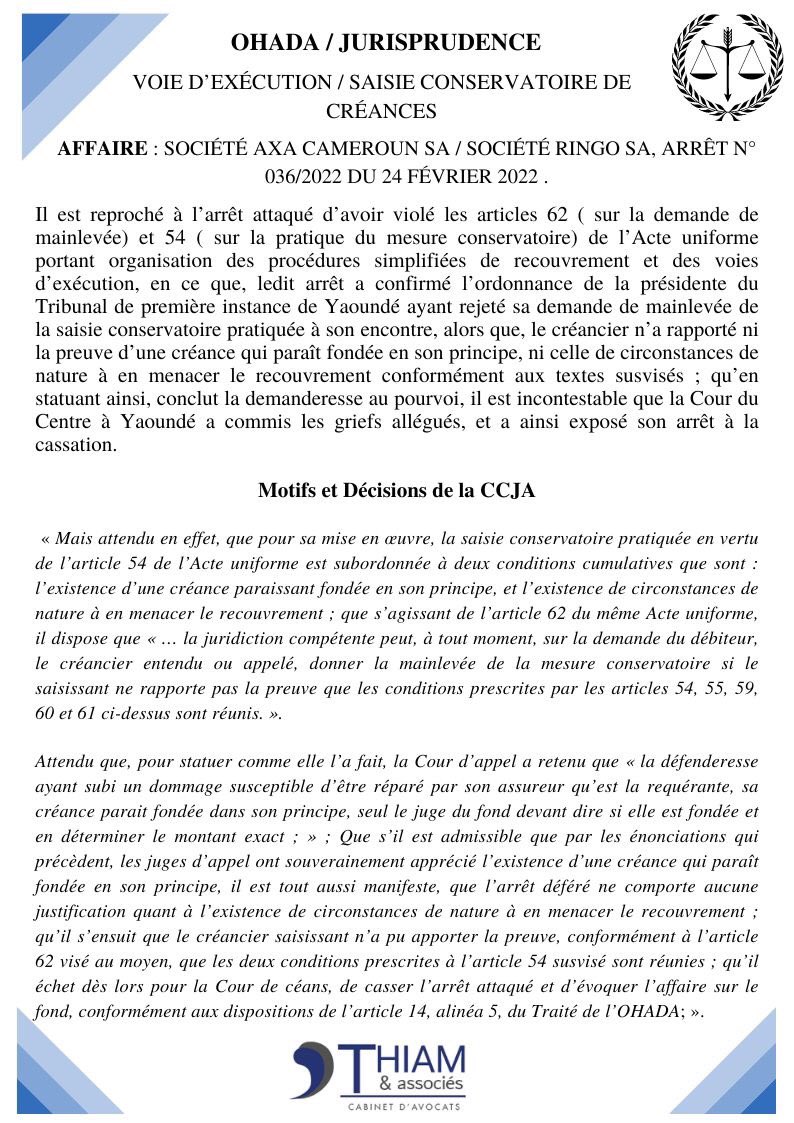 Audry_Horeb's tweet photo. #Voie d’Exécution / #Saisie #Conservatoire de #Créances

Affaire : #Société #AXA Cameroun SA / Société #RINGO SA, Arrêt N° 036/2022 du 24 février 2022. #CCJA #OHADA #Justice #Magistrat https://t.co/S8NAKZGQ7i