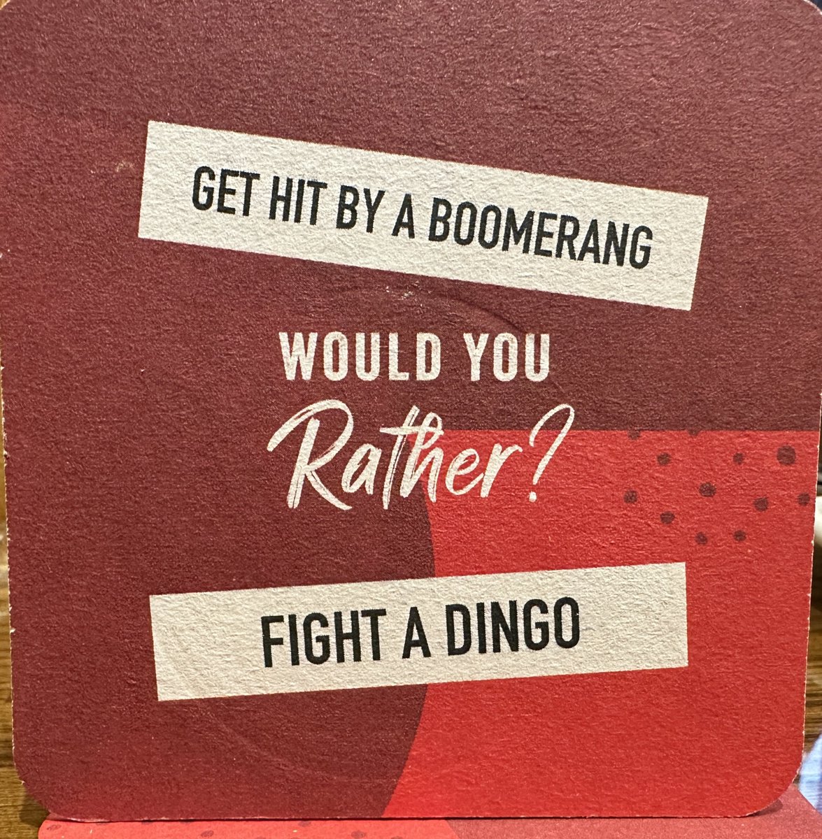 I’d say get hit by a #boomerang, because it only hits once. The #dingo would keep fighting.
What about you? 🤔 

#outbacksteakhouse #passingthetime #coasters #thisorthat #questionoftheday #travel #funtimes #fightingadingo #gettinghitwithboomerang #funny