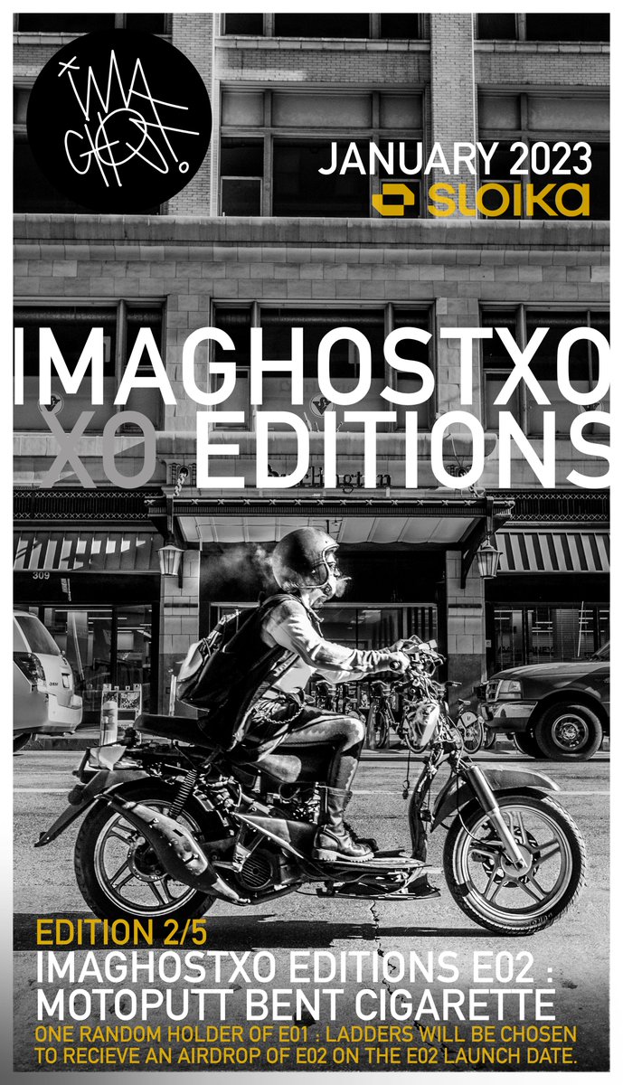 GM from LA!

So, since IGXO EDITIONS E01 : LADDERS launched 1/22/22, thinking IGXO EDITIONS E02 : MOTOPUTT BENT CIGARETTE 2/23/23

20'll be released to public @.025. Genesis holders get  AirDrops, 1 random holder of E01'll be gifted E02... you know the deal.

🙌 Links in comments