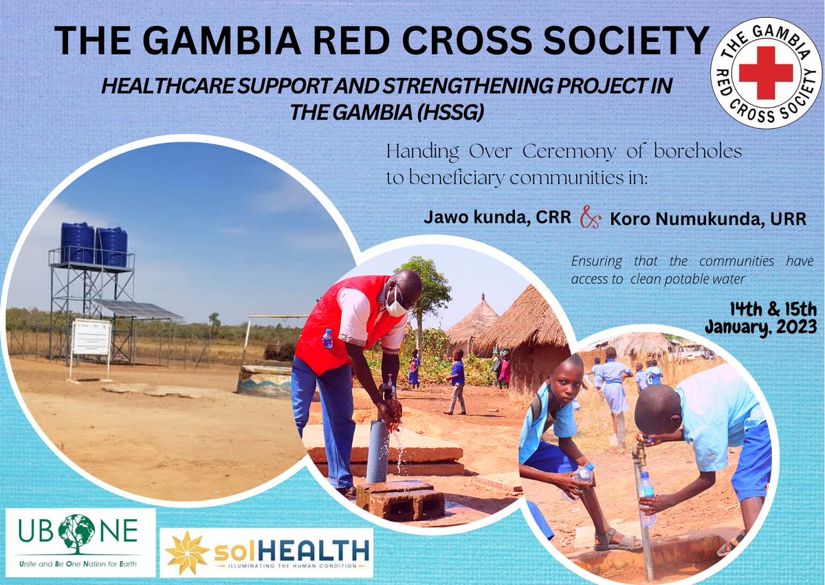 GambiaRedCross's tweet photo. Good News!

We are starting 2023 with great achievements.
This weekend, @GambiaRedCross  @SolHEALTHteam  and #UBOne will be handing boreholes to two communities in #CRR &amp; #URR to ensure people have access to clean potable water and improve access to sanitation &amp; hygiene.

#HSSG https://t.co/DBdt2TjdpP