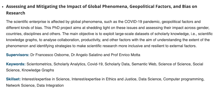 angelosalatino's tweet photo. PhD Positions 👩‍🎓👨‍🎓 available at @kmiou. Submission deadline 🗓️13 Mar 2023

More info: 
🌐https://t.co/2Ss1uwFGPI

#ScienceOfScience #Scientometrics, #ScholarlyAnalytics #ScholarlyData #SemanticWeb #SocialScience #KnowledgeGraphs #NLP #AI #ML https://t.co/wxxq3br7De