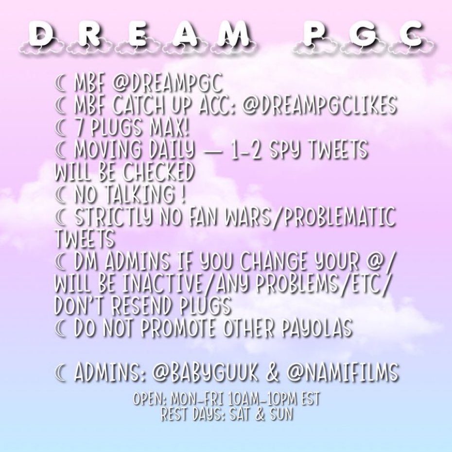 RECRUITING ACTIVE MEMBERS FOR DREAM STRICT PGC / PAYOLA HYPE GC

☾ rt &amp; reply to be added
☾ all fandoms welcome 
☾ no fan wars !
☾ don’t join if ia!
☾ mbf <a href="/dreampgc/">dream pgc ☾</a> + admins <a href="/babyguuk/">♡ princess</a> &amp; <a href="/NAMIFILMS/">nami 🌊</a> &amp; @rainsoften 
☾ mbf like acc: <a href="/dreampgclikes/">♡ dream pgc likes</a>