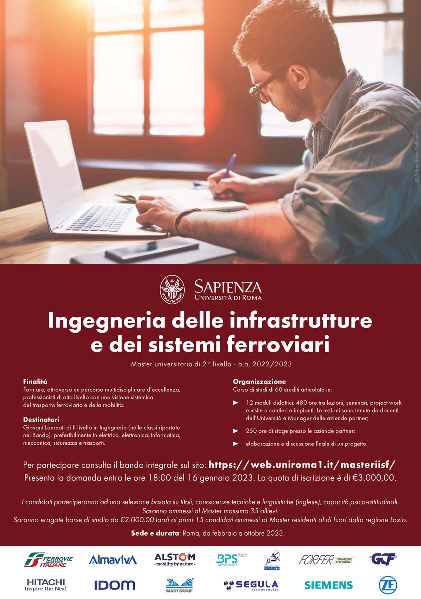 Anche quest’anno, <a href="/salcefgroup/">Salcef Group</a> sostiene il #Master Universitario di II livello in #Ingegneria delle #Infrastrutture e dei Sistemi Ferroviari organizzato da <a href="/SapienzaRoma/">Sapienza Università di Roma</a>.
📆 Deadline: 16 gennaio 2023, ore 18:00.
👉web.uniroma1.it/masteriisf/ 
#mobilità #SettoreFerroviario #formazione