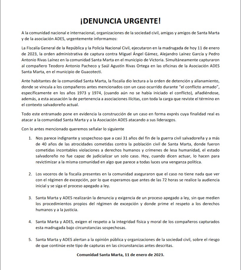#SantaMarta | ADES asegura que se han efectuado 5 capturas de líderes comunitarios. Las autoridades les dijeron que las detenciones se daban a partir de una denuncia por un caso que había ocurrido entre 1973 y 1974.