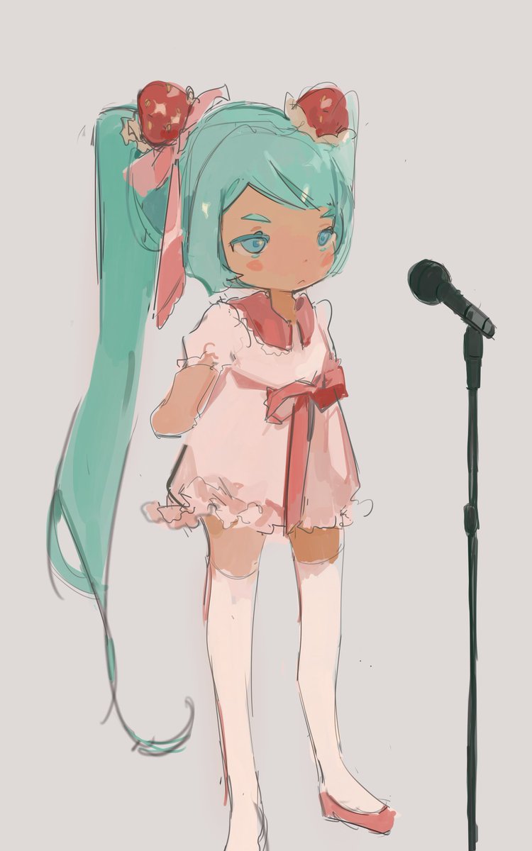hatsune miku 1girl solo long hair microphone stand microphone thighhighs dress  illustration images