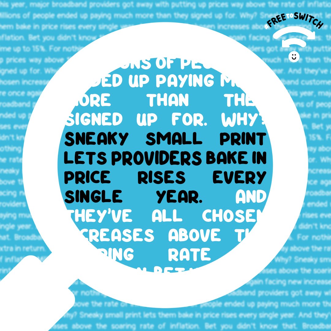 freetoswitch's tweet photo. #DidYouKnow that your broadband provider is using small print to up prices every year? 🤔

We believe that the price you signed up for should be the price you pay, and you should be #FreeToSwitch to a more affordable deal, not stuck by sneaky small print. https://t.co/sLGqrd6n5O https://t.co/u7Pht0UVaz