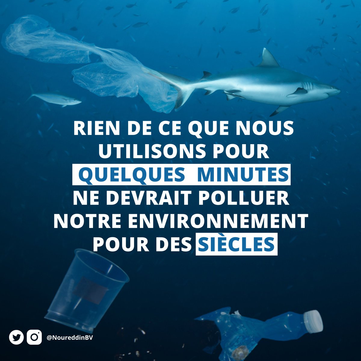 Chaque année, 8 millions de tonnes de plastiques
finissent dans les océans tuant ainsi des centaines
de milliers d'animaux marins.
Si ces tendances se poursuivent, en 2050, il y aura
plus de plastique que de poissons dans les océans.
#SauverNosOcéans