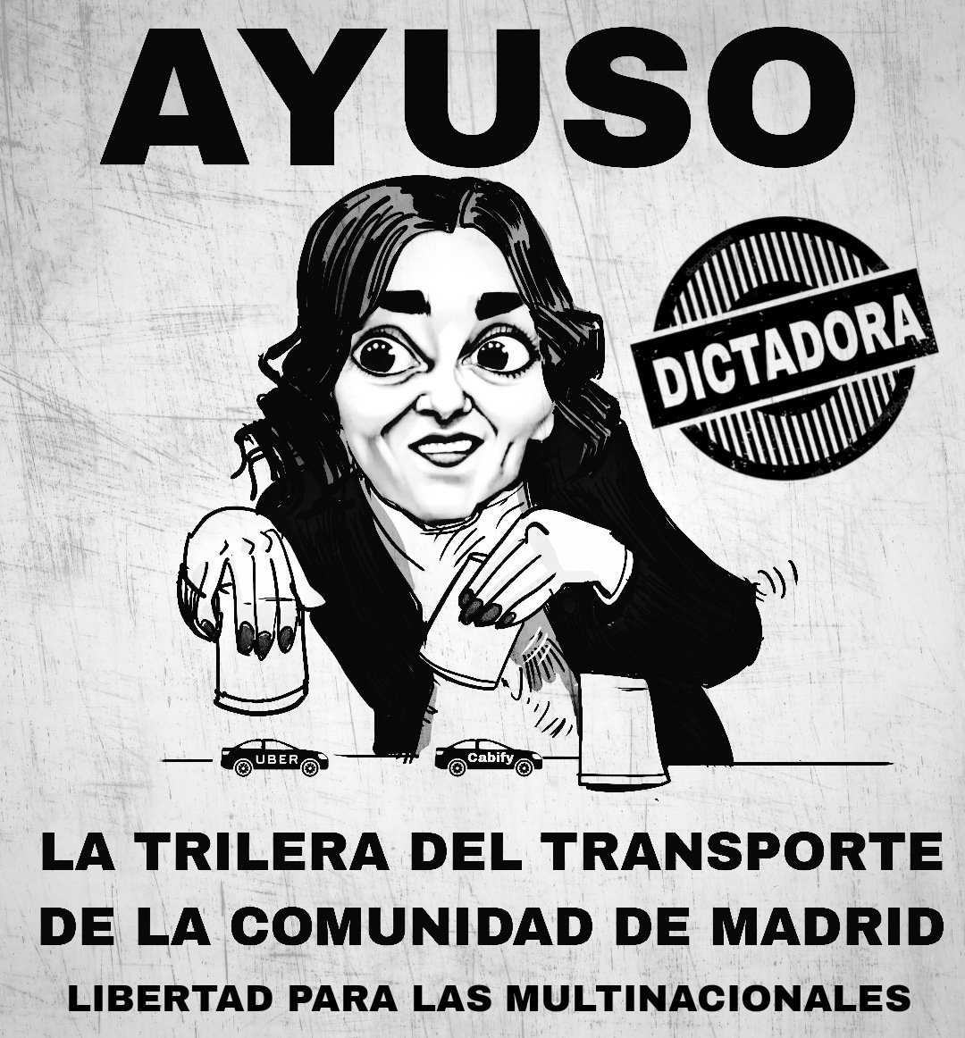ayuso_pablos's tweet photo. Dice que está con el #taxi pero en las próximas semanas la Presidenta #Ayuso la mayor trilera del engaño en el transporte de viajeros, en su afán por favorecer a las #VTC va a conseguir eliminar de un plumazo todo lo conseguido en los últimos cincuenta años en el taxi de #Madrid https://t.co/QtBgdnZH03