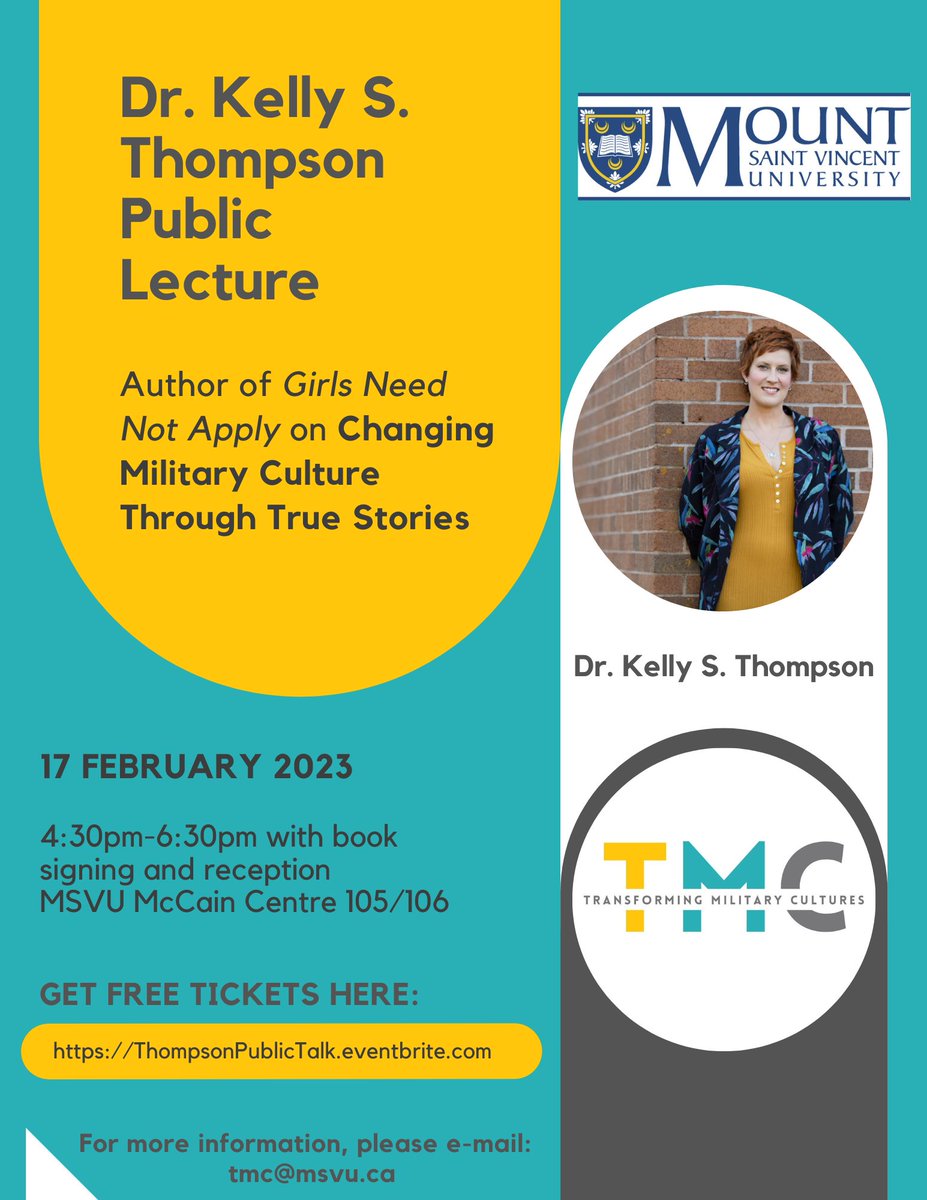 TMCultures's tweet photo. We are thrilled that Dr. Kelly S. Thompson @KellyS_Thompson  will be doing a public lecture, "Changing Military Culture Through True Stories" at the TMC Symposium in Halifax in February! If you will be in Halifax, and would like to attend, please see the poster for registration. https://t.co/FMnufMUwlQ