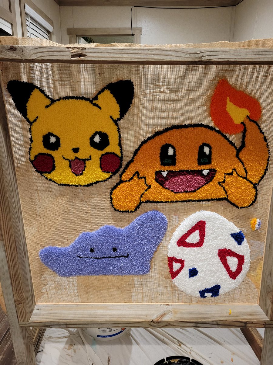NostalgiaNm's tweet photo. I just finished these cute rugs up. Now it's time to clean them up. 
#Pikachu #Ditto #chamander #togepi #Egg #Pokemon #PokemonViolet #PokemonScarlet #tufting #tuft #tuftart #rug #carpet #art #Commission #giftideas https://t.co/IvuwB8bZ2h
