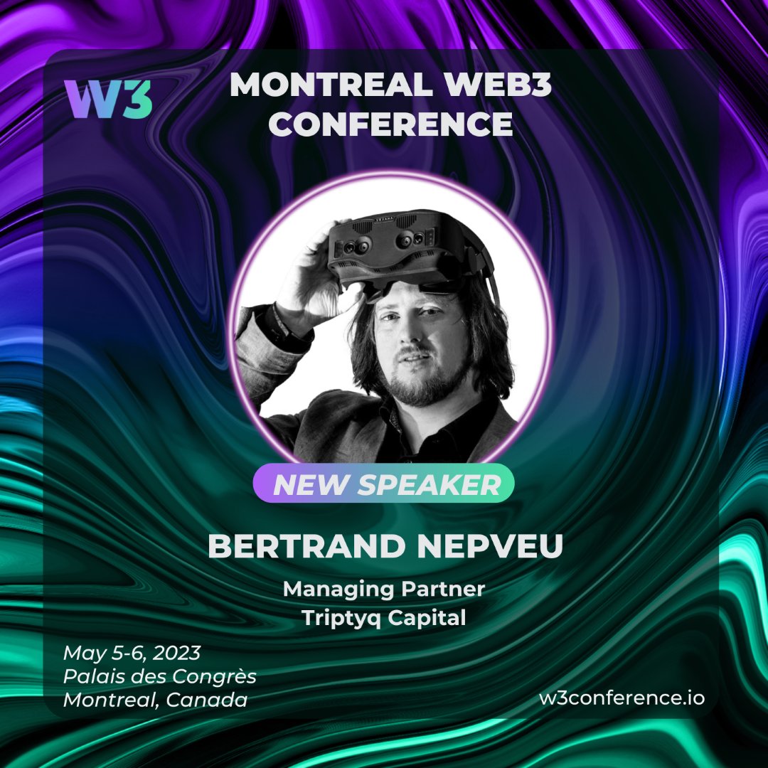 📣 Join us in welcoming <a href="/BertrandNepveu/">BERT.rand(eng, MBA); Nepveu 🥽⚜️</a> as a speaker at the <a href="/W3_Conference/">Montreal Web3 Conference</a> 2023!

Passionate about video games and gadgets, he founded <a href="/Vrvana/">Vrvana</a> in 2005. 

He co-founds <a href="/Triptyq_vc/">Triptyq Capital</a> to support the new generation of entrepreneurs.

🎟 Get your Early Bird Ticket for #W3Conference