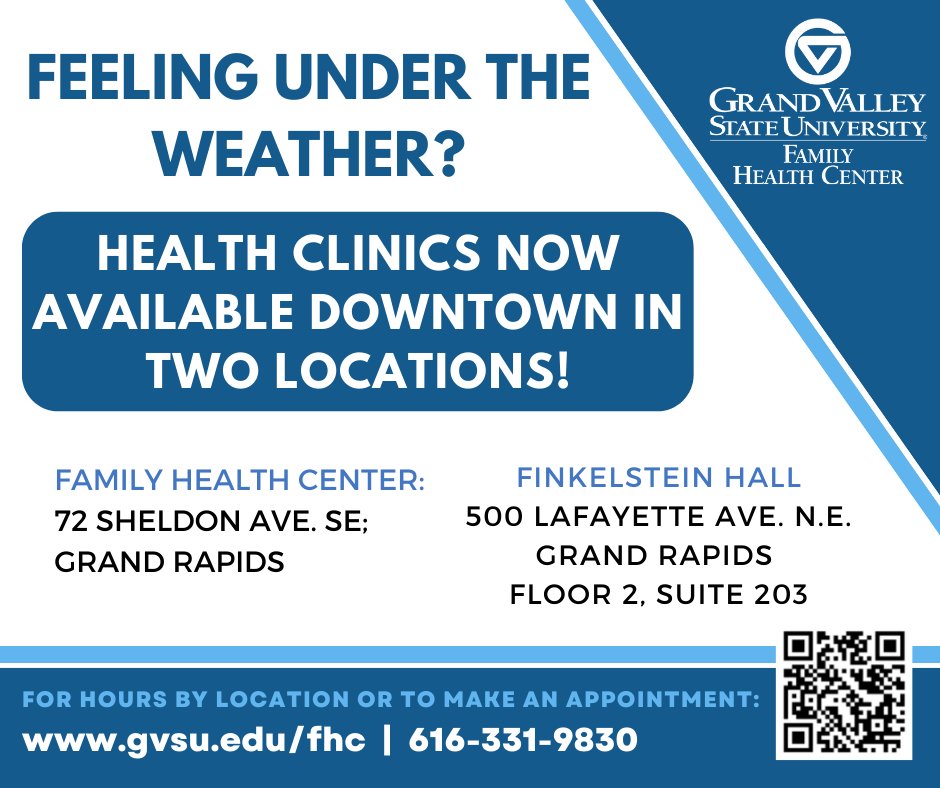 Feeling under the weather? Our convenience clinic is here for YOU with updated hours! We are located in Grand Rapids and offer convenient care services for when you cannot get to your usual provider.
◾️Wednesday from 1-5pm
◾️Friday 8am-12pm
gvsu.edu/s/27D