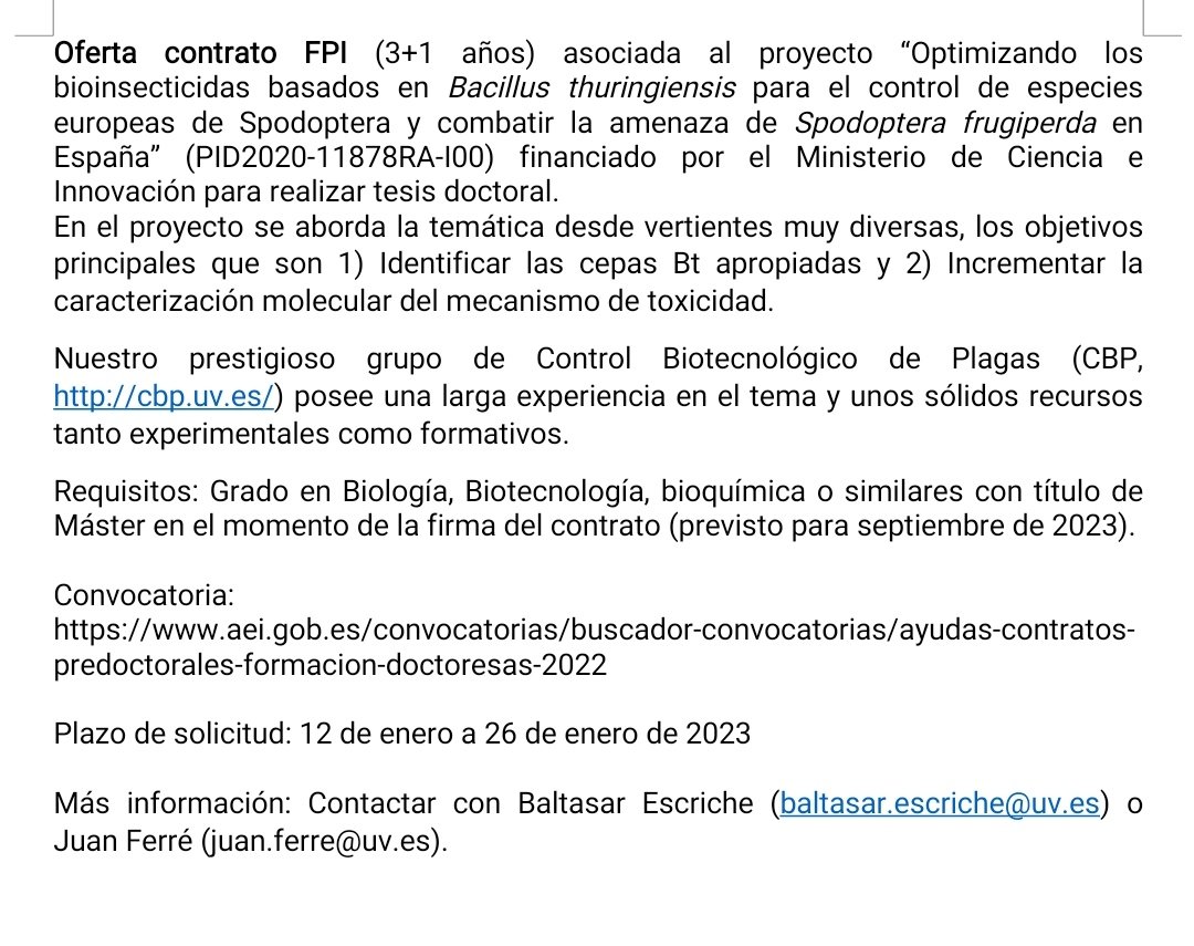 📣El grupo <a href="/CbpLab/">CBPLab</a> (Universidad de Valencia) busca candidat@ para la realización de la tesis doctoral en biopesticidas basados en Bacillus thuringiensis con un contrato #FPI. Más info 👇