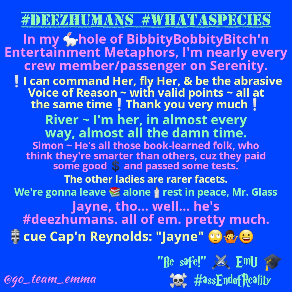 go_team_emma's tweet photo. #groupWbench #callsignEmber
🔥"Bitch, I AM the Stone."🪨⚡
⚡Katniss n Shit 🏹
🐴#assEndofReality 💀EmU🎓⚔️🔥 https://t.co/4J9mULvBlN