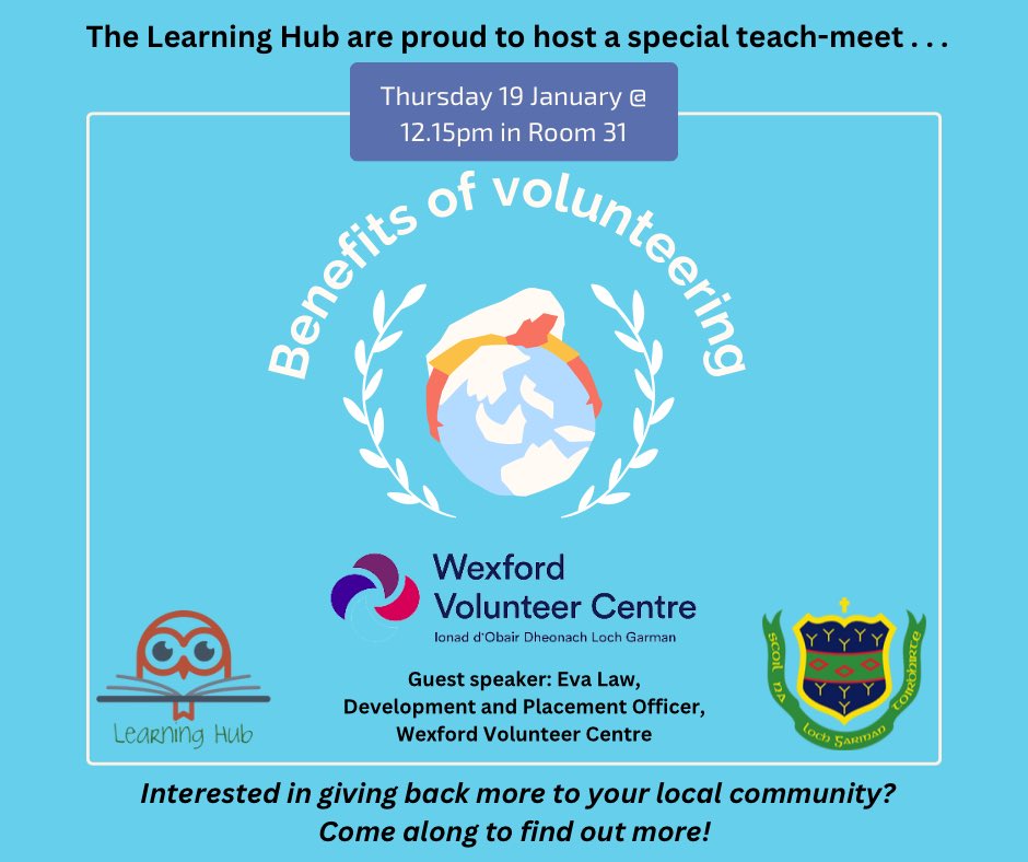 As #LearningLeaders, we know it’s so important to give back to others, so we are delighted to have Eva Law, from @WexfordVC, visit our Hub on Thursday 19 January to speak to us about the benefits of volunteering in the community, #studentleadership #volunteerism @PresWex