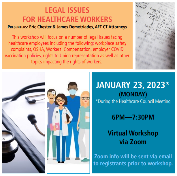 AFTCT's tweet photo. Later this month healthcare #union members will gather virtually for another session of popular #HealthPD webinar to learn from experts at@fdclawoffice; tools for protecting caregivers' legal rights on the job! https://t.co/6KHe3LStk7 #IamAFT @AFTunion @AFTHealthcare @AFTMembBen https://t.co/1hrLD2AVUh