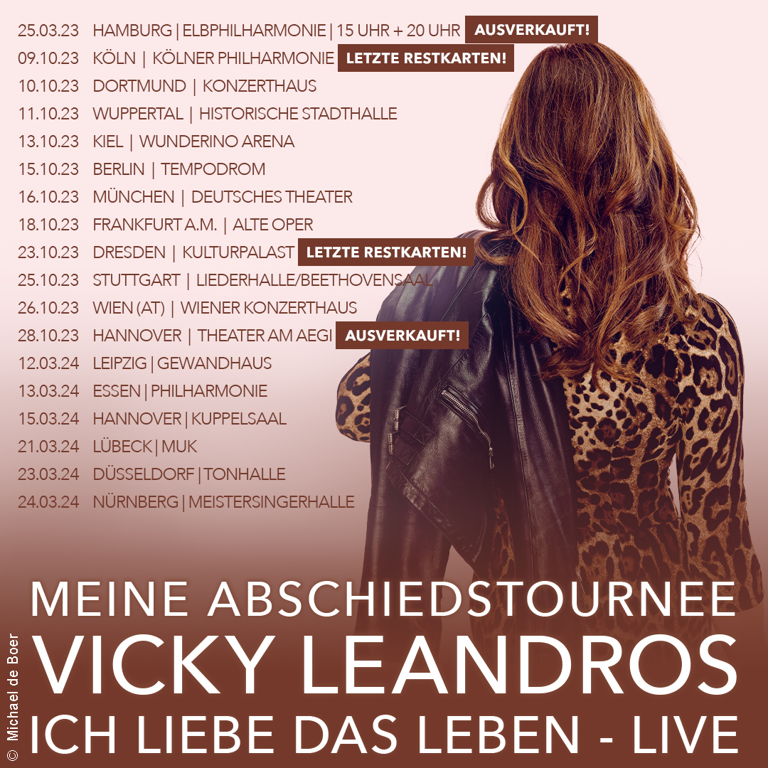 In nicht einmal neun Monaten startet die Abschiedstournee der einzigartigen #VickyLeandros!
Seid schnell und sichert euch die Tickets, um bei Vicky Leandros´ letzten Tanz auf der Bühne mit dabei zu sein. 🎟️ Tickets und Termine findet ihr unter: bit.ly/VickyLeandros-…
