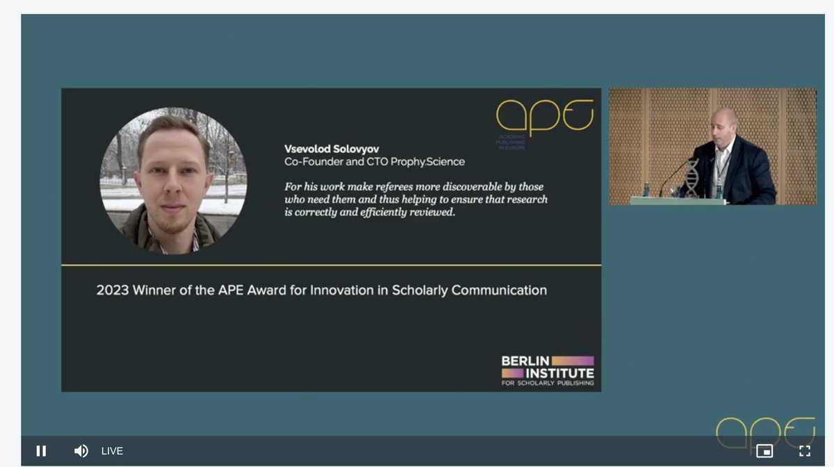 BISP_Berlin's tweet image. We are delighted to announce that the winner of The APE Award for Innovation in Scholarly Communication is Vsevolod Solovyov @murkt, co-founder at @prophyscience 👏 🏆