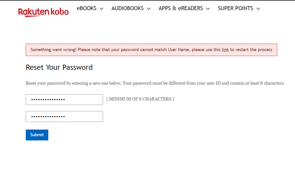pauby's tweet photo. @kobo Unable to log into my account and unable to reset my password (2 different browsers and been trying for about 2 hours now). You guys having issues? https://t.co/RfNpDl8Kse