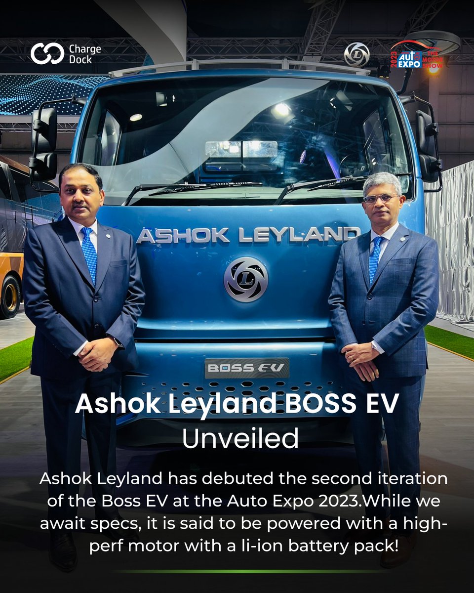 chargedockindia's tweet photo. Its not only raining cars and bikes at the Auto Expo 2023, but CVs too - here's the Ashok Leyland Boss EV.

#AshokLeyland #bossev #evtruck #launch #trucknews #automotivenews #autoexpo2023 #aemotorshow2023 #autonews #motorshow #autoexpoindia #chargedock https://t.co/Ir6mthjPT0