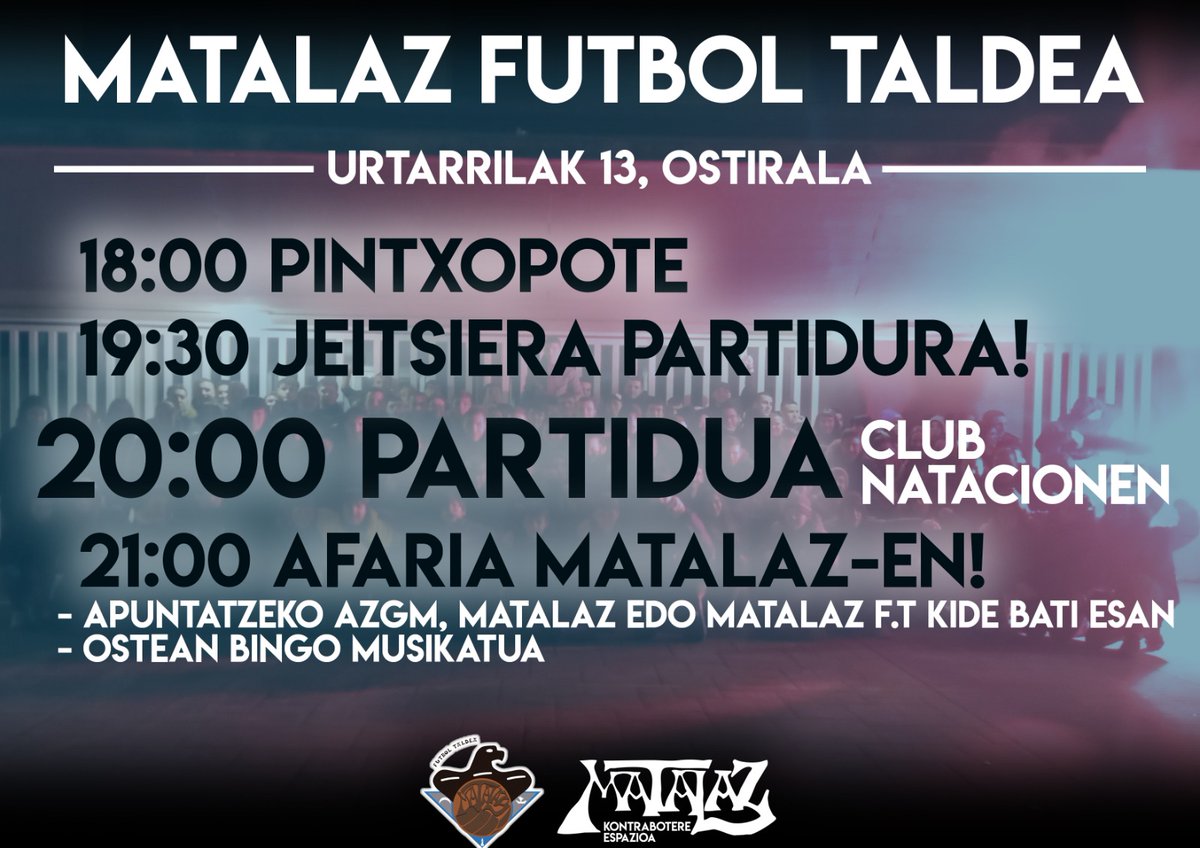 Este viernes Matalaz f.t juega en casa. Horretarako egitarau oso bat prestatu dute ostiral arratsalderako! ANIMATU!