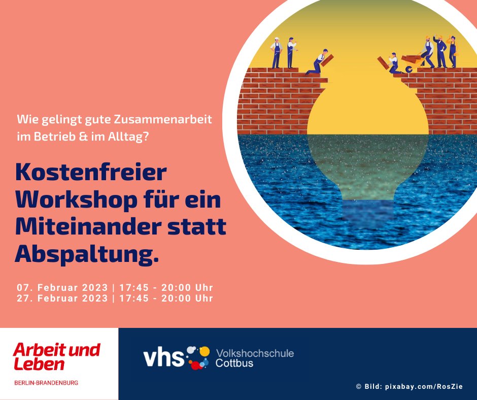 Wie gelingt gute Zusammenarbeit, z.B. im Betrieb? Kostenfreier Workshop für Miteinander statt Abspaltung. In #Cottbus. 07.02. 17:45-20 Uhr: bit.ly/3IGcxFW &amp; 27.02. 17:45-20 Uhr: bit.ly/3vRZIk6