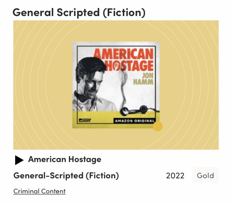 Criminal Content (@criminalcontent) on Twitter photo Many thanks to the <a href="/signalawards/">Signal Awards</a> - American Hostage wins Best Scripted ! (Script by the incredible @LumetFanCam!) Many thanks to the <a href="/signalawards/">Signal Awards</a> - American Hostage wins Best Scripted ! (Script by the incredible @LumetFanCam!)