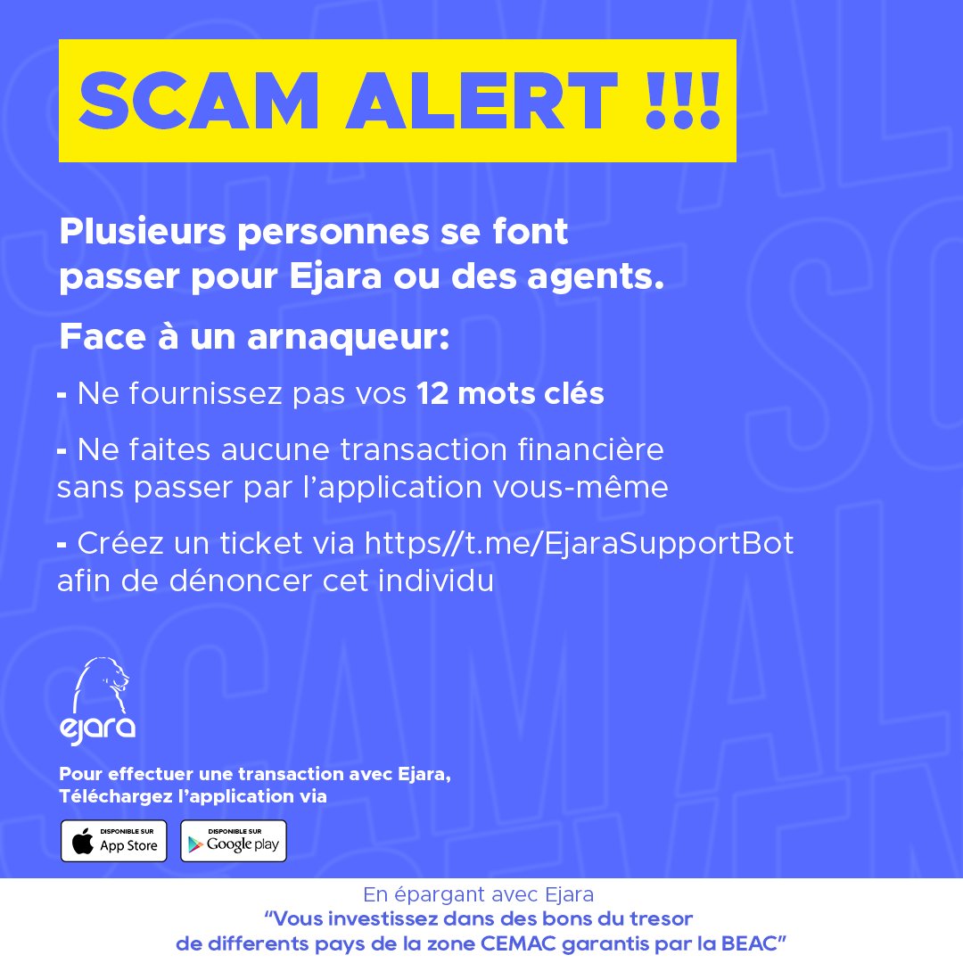 EjaraApp's tweet photo. ⚠️ SOYEZ VIGILANT ET PRUDENT

Contactez le service support en cas de doute, d'incertitude ou pour plus d'informations sur les produits d'Ejara et les transactions financières qui y sont liées.

📩 https:/t.me/EjaraSupportBot

#Ejara
#Scamalert
#Security https://t.co/ztWq8HnS5S