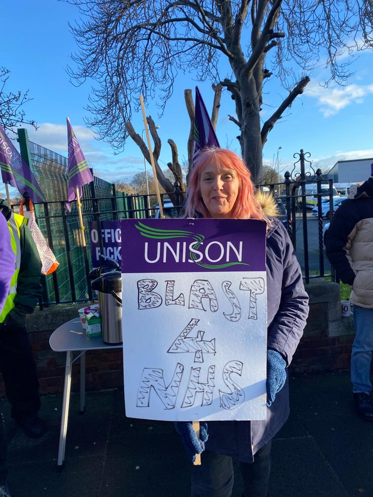 NorthernUNISON's tweet photo. Striking members at Hawkey's Lane supported by NEC member @heron_pat https://t.co/M2BiOHWG7w