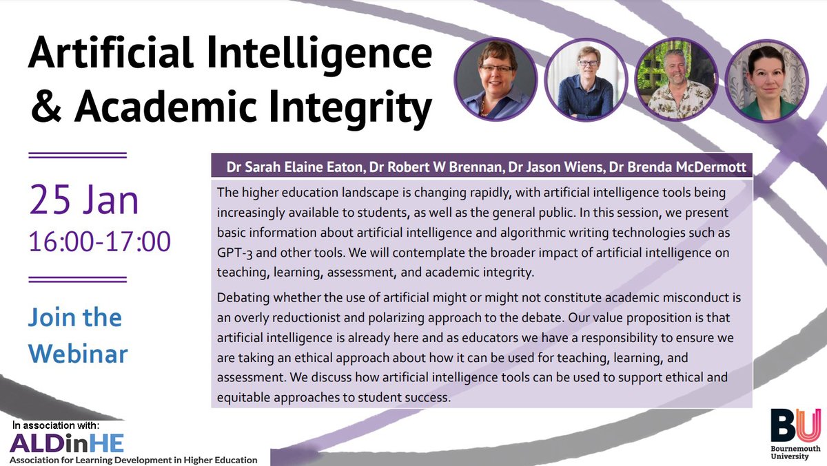 aldinhe_LH's tweet photo. Free webinar 25th Jan 2023 16.00 – 17.00 #LoveLD
Artificial Intelligence &amp; Academic Integrity: Insights for Teaching and Learning. A dialogue on how artificial intelligence tools can support ethical and equitable approaches to student success. Book at https://t.co/vWQ8kPtv5R https://t.co/i0vMOvFhBk