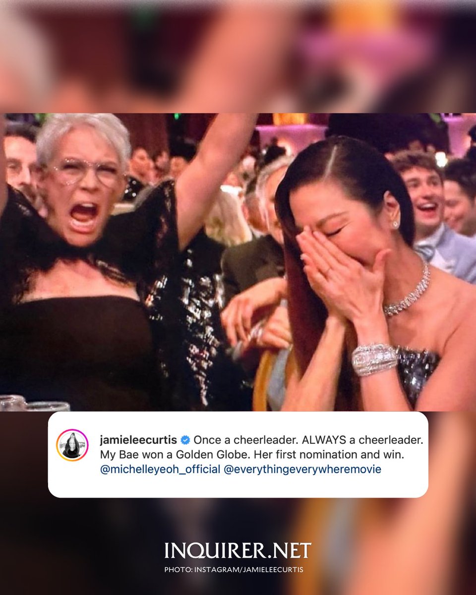 ALWAYS A CHEERLEADER.' LOOK: Jamie Lee Curtis enthusiastically cheers for  her friend and "Everything, Everywhere, All at Once" co-star Michelle Yeoh,  who bagged the best actress award at the 80th Golden Globe