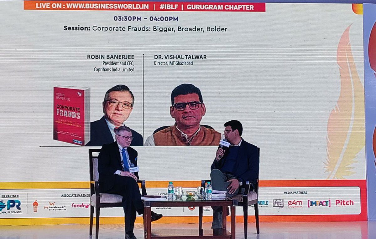 BWBusinessworld's tweet photo. Live: @RobinBanerjee_ President  &amp; CEO, @caprihansindia discussing his book "Corporate Frauds: Bigger, Broader, Bolder" with DR. VISHAL TALWAR, Director, @IMTGhaziabad at 4th Edition of the Indian Business Literature Festival #GurugramChapter

Join on: https://t.co/oVZcEoypJY https://t.co/3mQUti2OAm