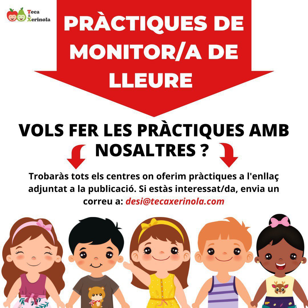 Si no saps on fer les pràctiques de Monitor/a de Lleure, vine a fer-les a Teca i Xerinola🤗
ℹ️ Centres on oferim pràctiques 👉🏻 n9.cl/q4z0k
<a href="/escolaemporda/">Escola l'Empordà</a> <a href="/esplaigirona/">Fundació Esplai Girona</a> <a href="/EscolaEfa/">Escola Efa</a> <a href="/Fundperetarres/">Fundació Pere Tarrés</a> <a href="/Acellec/">Acellec</a>