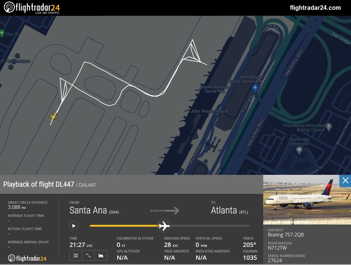 Delta Air Lines Boeing 757-200 (N712TW, built 1997) suffered a compressor stall on its engine #2(PW2000) while in the early stages of the take-off run on rwy 20R at Santa Ana AP (KSNA), CA. Flight #DL447 returned safely to the gate.
cbsnews.com/losangeles/new…