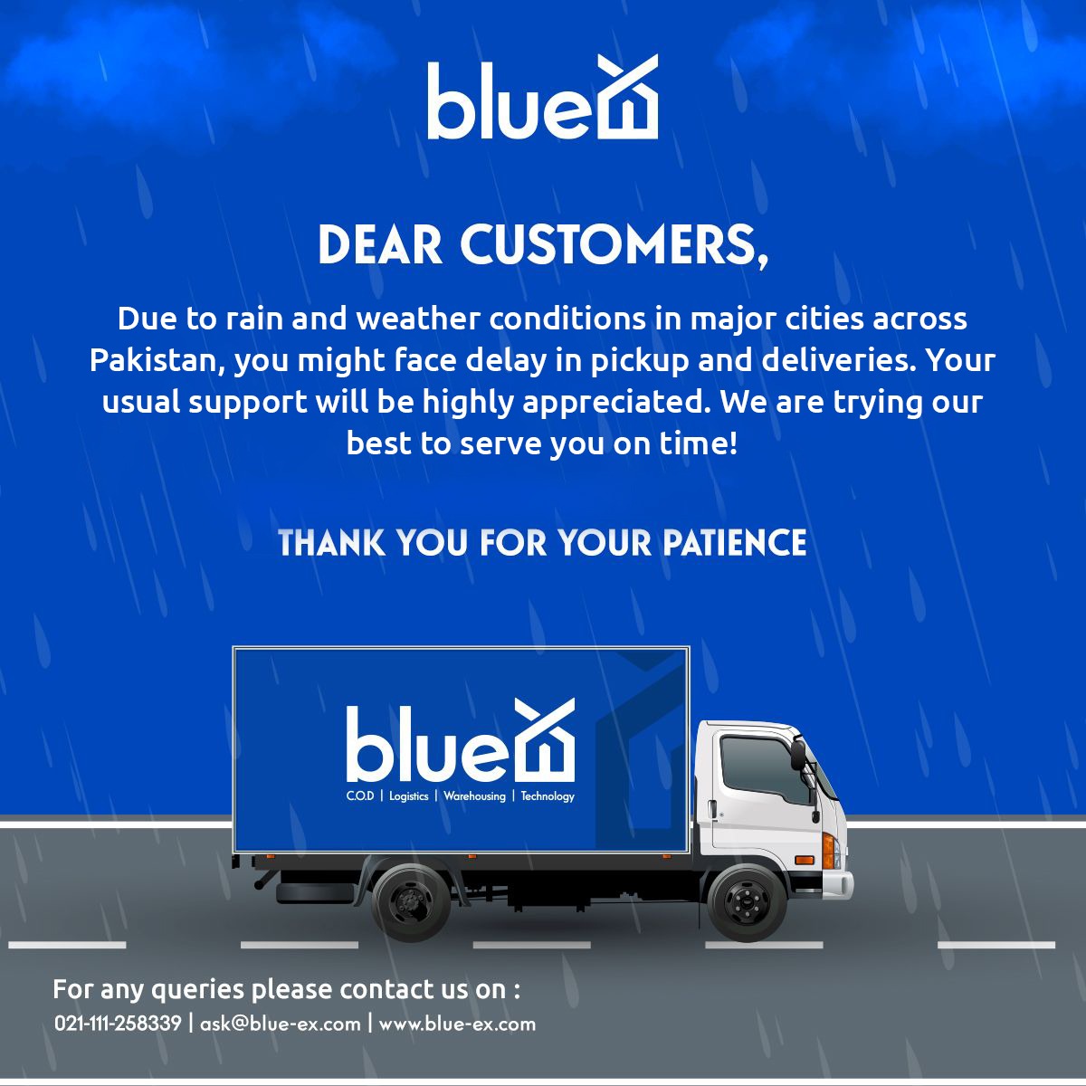 BlueEXofficial's tweet photo. Thank you for your patience.
For any queries please contact us on :
021-111-258339 | ask@blue-ex.com | https://t.co/T2HzaFXclu
#blueEx #services #corelogistics #Ecommercelogistics #warehousingservices #EdistributionwithOLS #Crowdsourceandinstantdelivery https://t.co/qMkgADAOPX