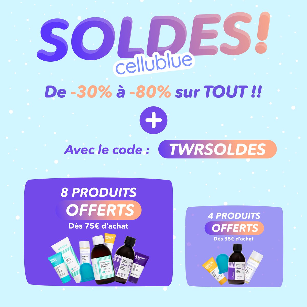 SOLDES 😱Les prix de folie C'EST MAINTENANT🏃🏻‍♀️ Jusqu'à -80%  sur tout le site + avec le code TWRSOLDES :
cellu.blue/soldes-cellubl… 
👉 8 cadeaux offerts dès 75€ d'achat !
👉 4 cadeaux offerts dès 35€ d'achat ! 
⚠️ Offre valable seulement 48h  ⚠️
