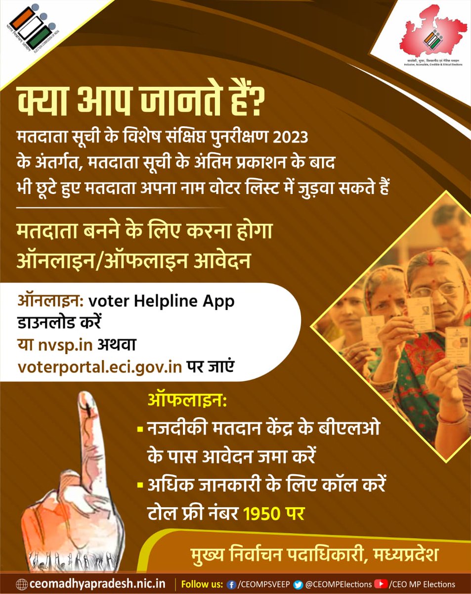 मतदाता सूची के अंतिम प्रकाशन के बाद भी छूटे हुए मतदाता वोटर लिस्ट में अपना नाम जुड़वा सकते हैं

मतदाता बनने के लिए आवेदन ऑनलाइन/ऑफलाइन दोनों माध्यमों से किया जा सकेगा

#electioncommissionofindia