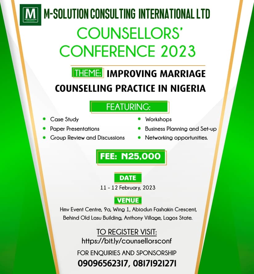 Msci_consult's tweet photo. Opportunity for Professional Development

Counsellors' Conference is an annual event where Certified Marriage Counsellors meet to share ideas, improve their practice and develop their skill. 

Registration costs N25,000.

Visit https://t.co/8vYdPQCOAM to register. https://t.co/0n2NkQQq8b