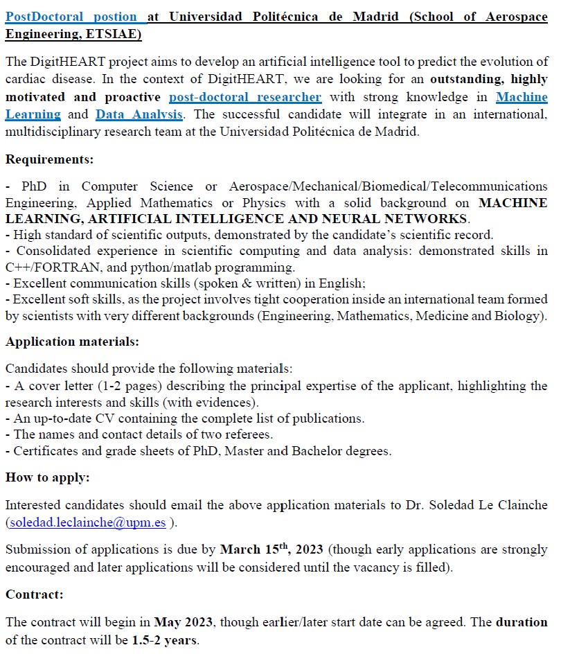 We are #hiring a highly motivated #postdoctoral #researcher with strong knowledge in #machinelearnig, #artificialintelliegence and #neuralnetworks to work in an #international and #multidisciplinary #research team for the project DigitHEART (new tools to prevent cardiac disease)