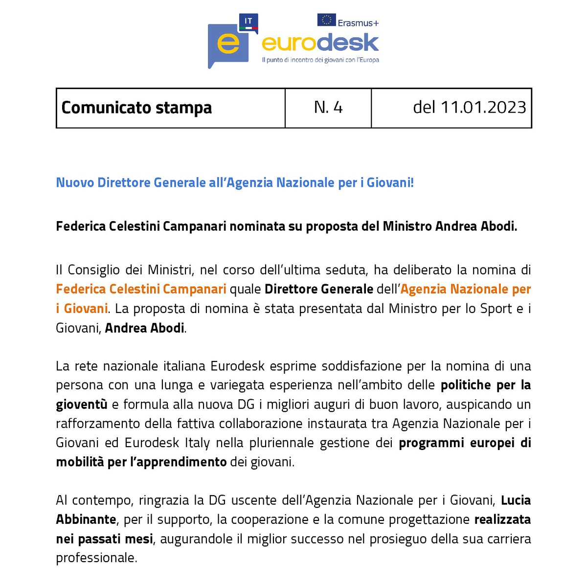 Nuovo Direttore Generale all’@AgenziaGiovani!
Federica Celestini Campanari nominata su proposta del Ministro <a href="/andreaabodi/">Andrea Abodi</a>.