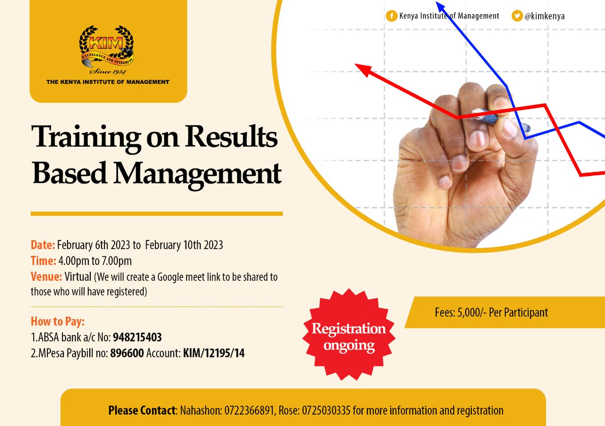 KIMKenya's tweet photo. Have you registered for the Training on Results Based Management ?
Certification available. ๐ฅ
#kimtraining #kenyainstituteofmanagement https://t.co/JB9Q3yadQ2
