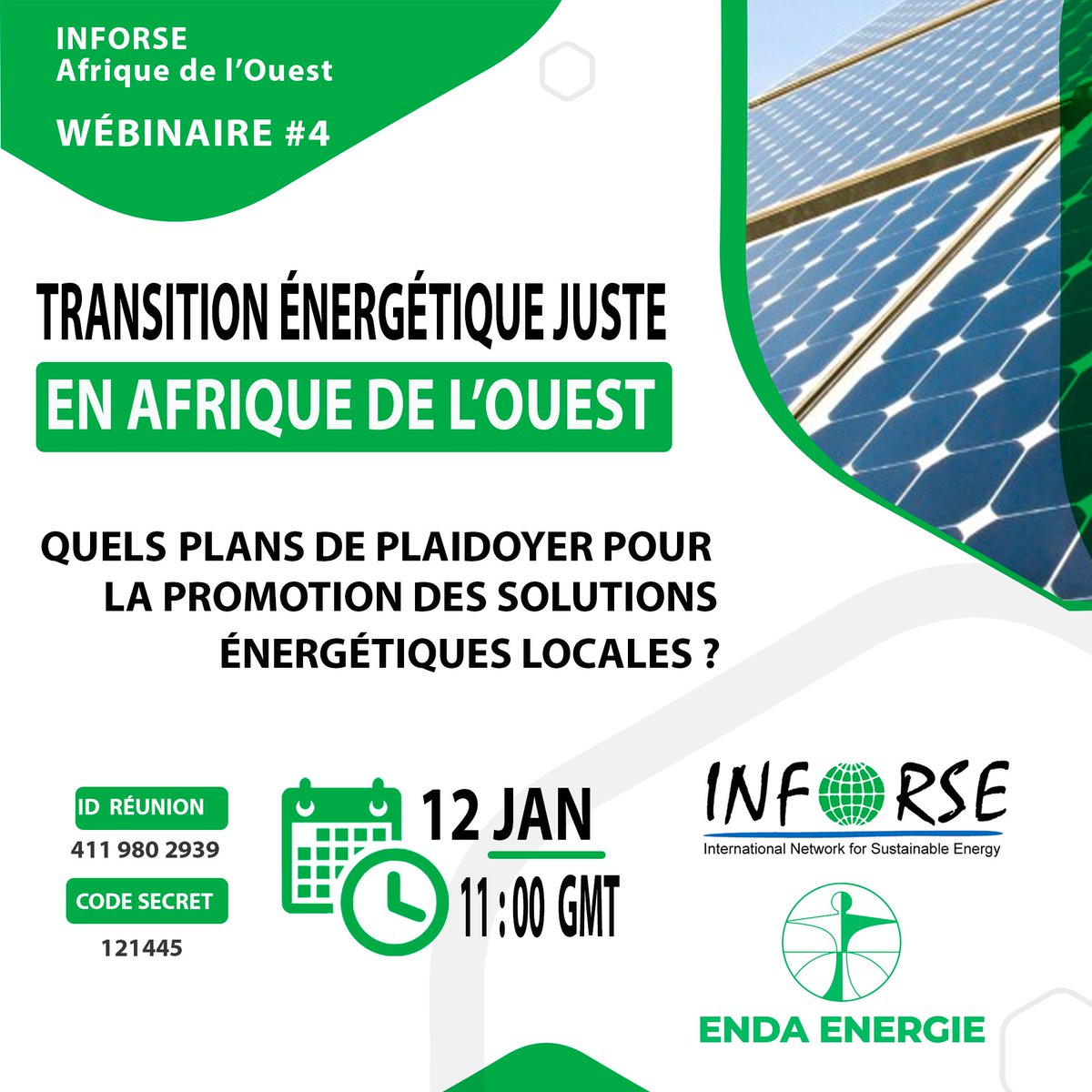 endaenergylinks's tweet photo. #SaveTheDate #TransitionEnergetique
ENDA ENERGIE en partenariat avec INFORSE organise un wébinaire ce 12 janvier à partir de 11:00 sur les Plans de Plaidoyer pour la promotion des solutions énergétiques locales. 
Lien de participation (https://t.co/JzESQApqs9) https://t.co/KDOK50vnCr