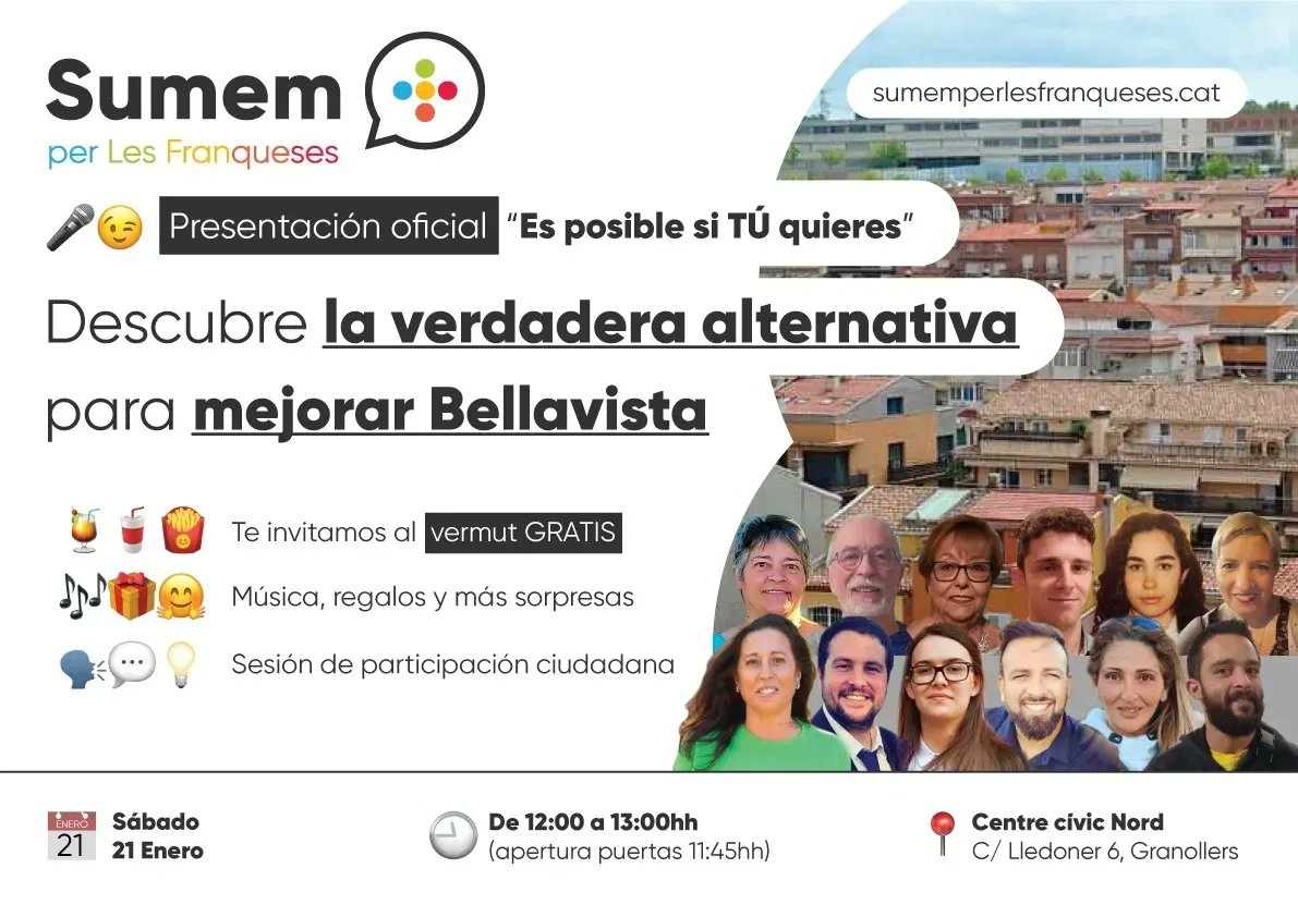 sumemxlf's tweet photo. ¿Recuperar la mejor versión de Bellavista? Es posible si TÚ quieres.
¡Ven a la presentación oficial de “Sumem Per Les Franqueses”

El Sábado 21 de Enero.

En el Centre Cívic Nord (C/Lledoner 6, Granollers)

A las 12:00 (apertura puertas 11:45)
#sumem #sumemxlf #bellavista https://t.co/pcMYgEoXte